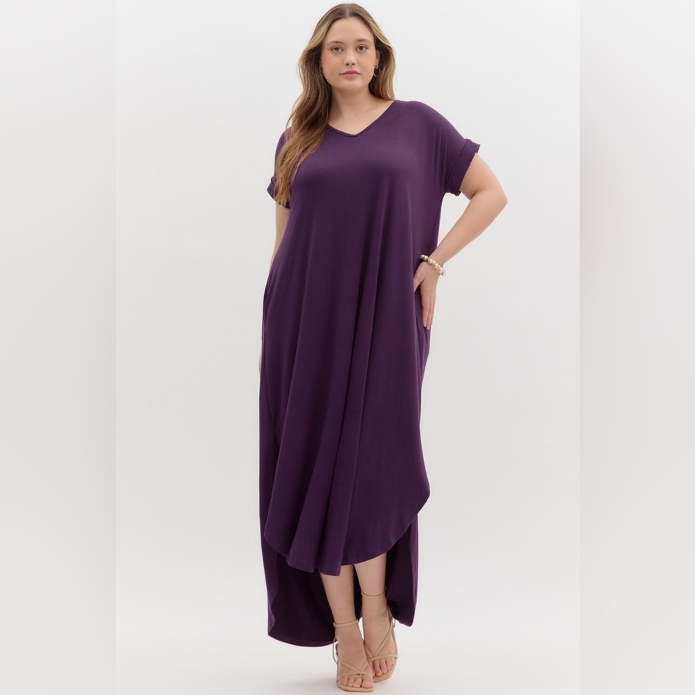 🆕 Entro Solid jersey knit V-neck round hem maxi dress
